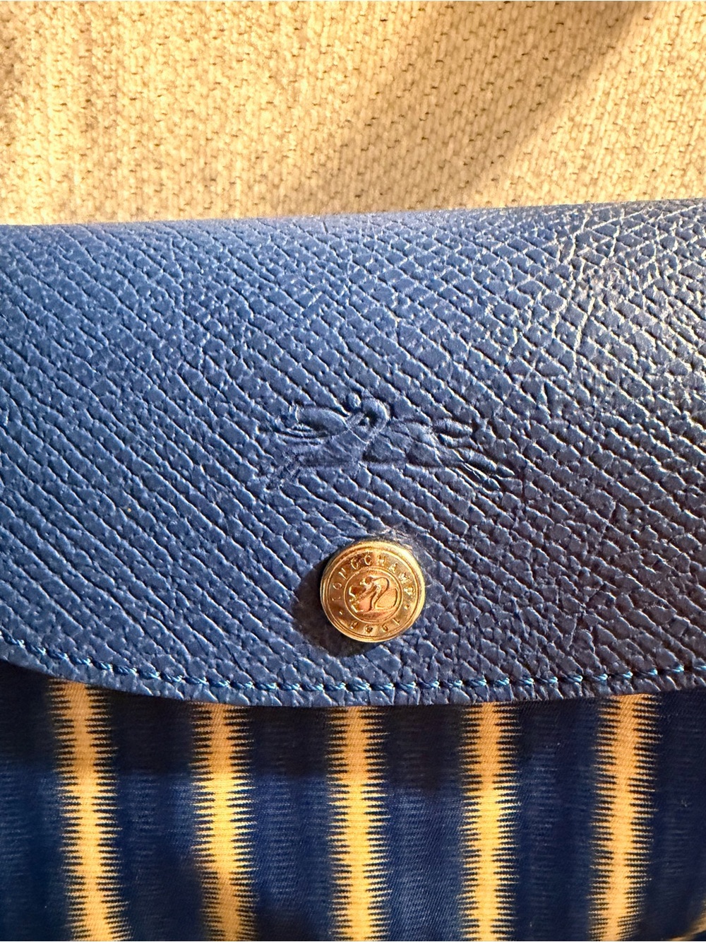 Longchamp Blue and Cream Vertical Stripe Tote - Picture 2 of 6